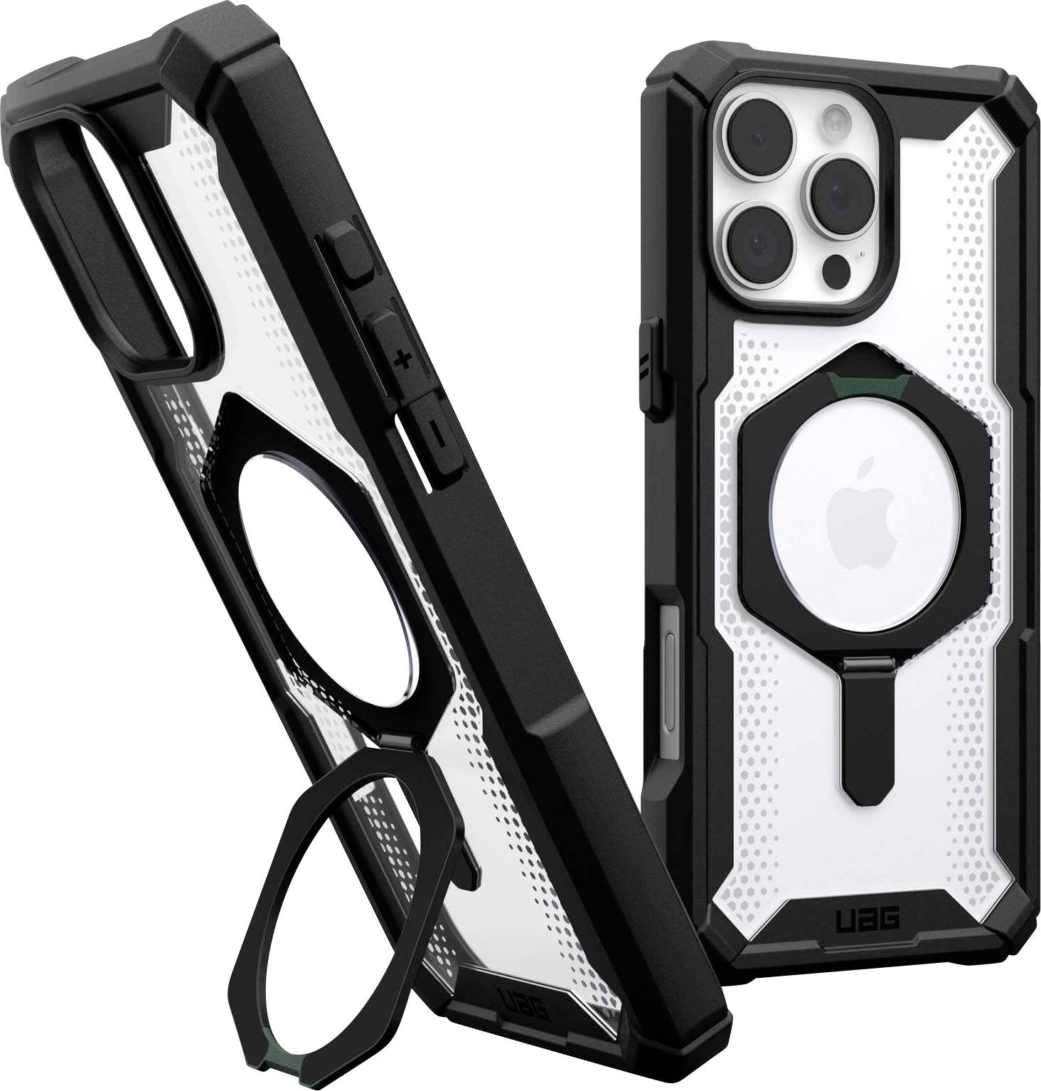 Zwei robuste schwarze Handyhüllen mit verstärktem Rand für iPhone, eine liegend, die andere stehend, zeigen ein stilvolles Design.