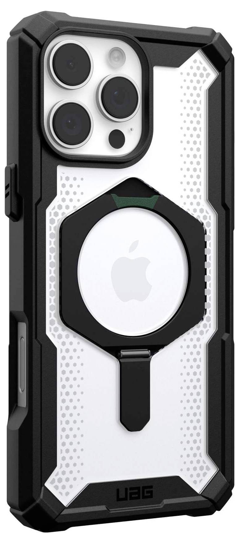 Ein Smartphone in einer robusten schwarzen Schutzhülle mit transparentem Rückteil und sichtbarem weißen Apfel-Logo.