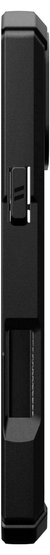 Schwarzes, längliches Objekt mit Knopf an der Seite, möglicherweise ein elektronisches Gerät oder Zubehörteil.