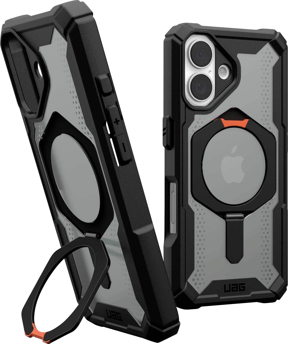 Zwei robuste Handyhüllen mit integriertem Magnetring und kantigem Design, geeignet für das iPhone. Eine Hülle zeigt die Rückseite, die andere das Display.