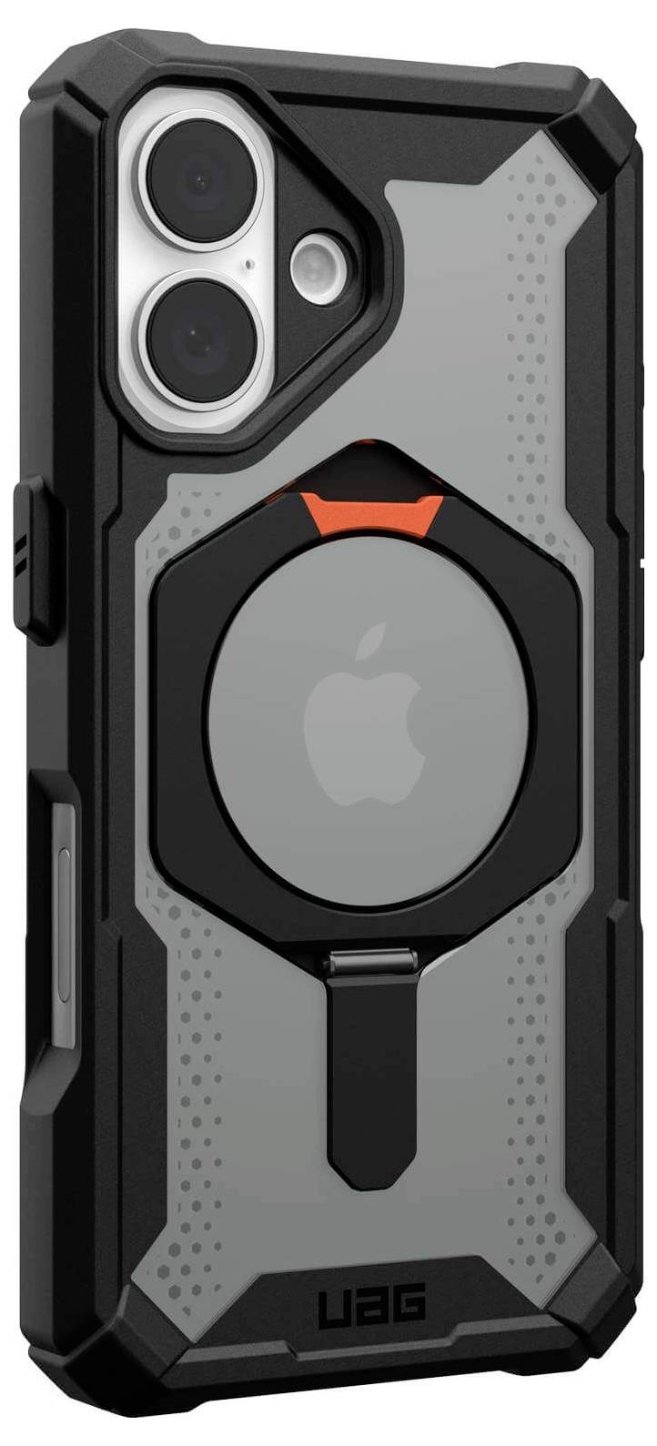 Schutzhülle für ein Smartphone mit robustem Design, verstärkten Ecken und kreisförmigem Ring auf der Rückseite für MagSafe-Kompatibilität.