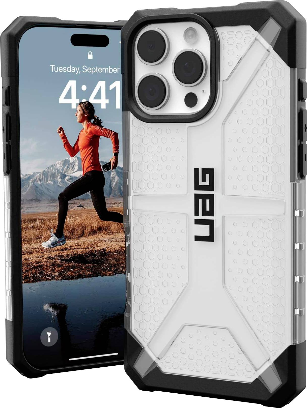 Smartphone mit robustem transparentem Schutzgehäuse, das einem Sturz standhält. Der Bildschirm zeigt eine laufende Person vor Berglandschaft.