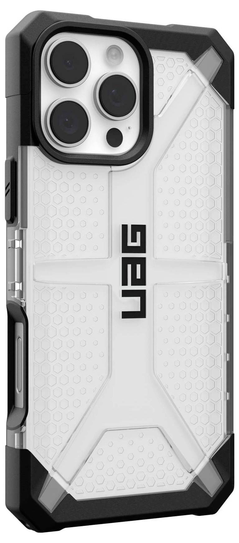 Schutzhülle für ein Smartphone mit robustem, transparentem Design und schwarzen Kanten. Hergestellt von der Marke UAG.