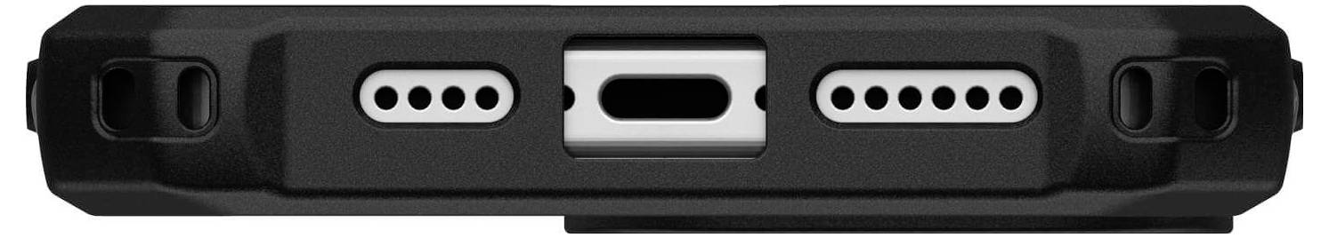 Nahaufnahme einer schwarzen Handyhülle mit Aussparungen für Anschlüsse und Lautsprecher auf der Unterseite.