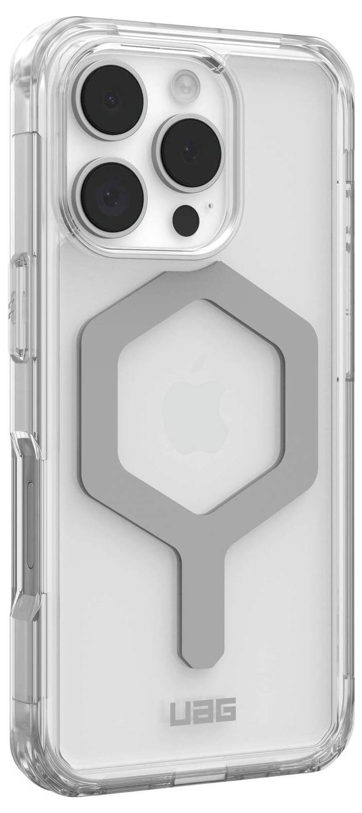 Transparente Handyhülle mit Metallringen für MagSafe-Kompatibilität, zeigt drei Kameraobjektive und das Apple-Logo.