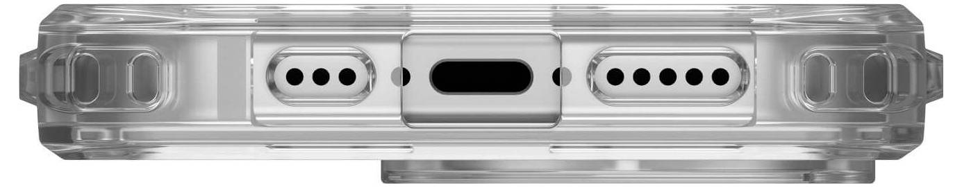 Untere Ansicht eines transparenten Smartphone-Cases mit Öffnungen für Lautsprecher und Ladeanschluss.