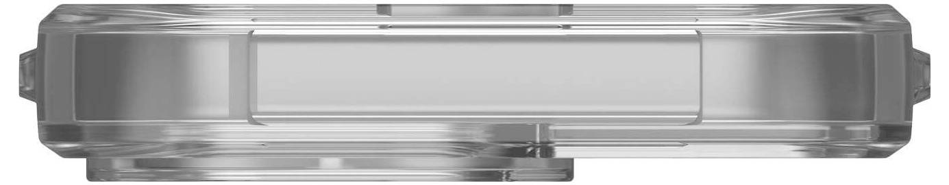 Durchsichtige rechteckige Kunststoffverpackung, leer, mit zwei seitlichen Clips zur Befestigung und einem flachen Deckel.