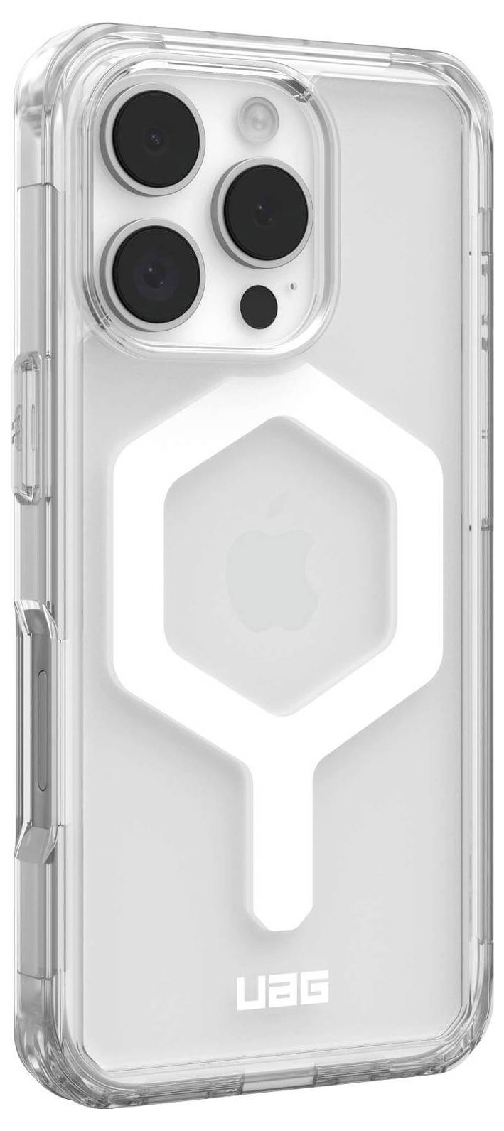 Transparente Handyhülle mit hexagonalem Muster und 'UAG'-Logo, entworfen für ein Smartphone mit drei Kameralinsen auf der Rückseite.