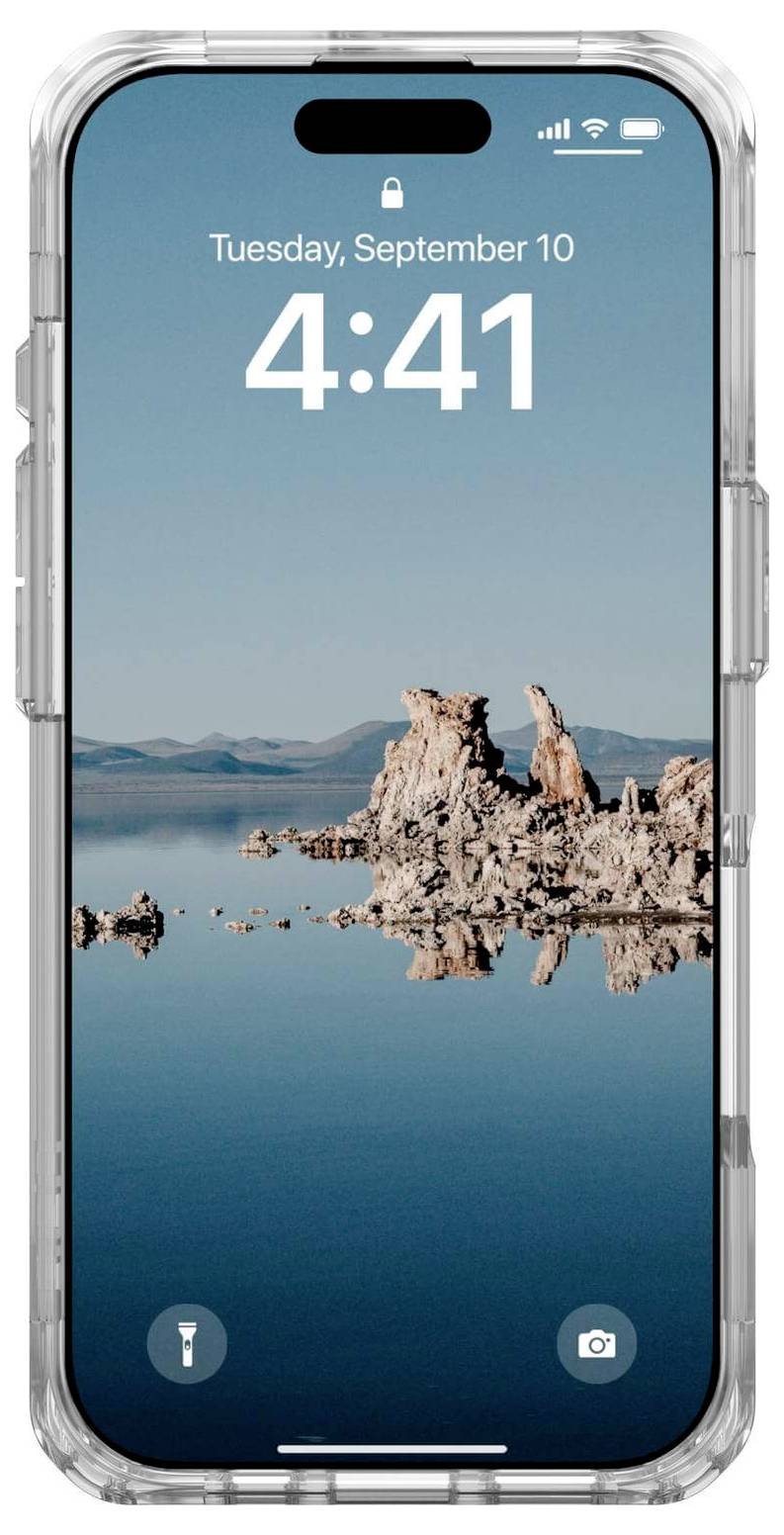 Ein Smartphone zeigt den Sperrbildschirm mit einem Foto von Felsen in einem ruhigen Gewässer. Oben steht 'Tuesday, September 10, 4:41'.