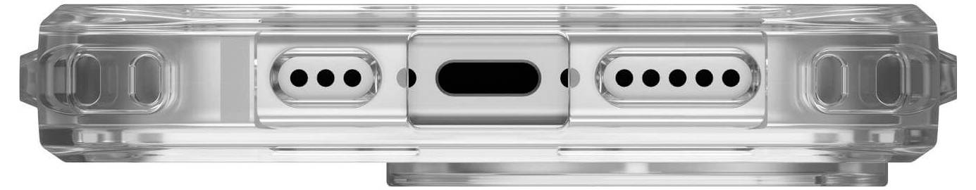 Ein durchsichtiges Smartphone-Gehäuse von unten, zeigt Öffnungen für Lautsprecher und Ladeanschluss.