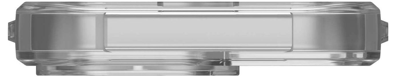 Ein transparentes, rechteckiges Objekt in Seitenansicht, möglicherweise ein Gehäuse oder eine Abdeckung, mit klaren Linien und Kanten.