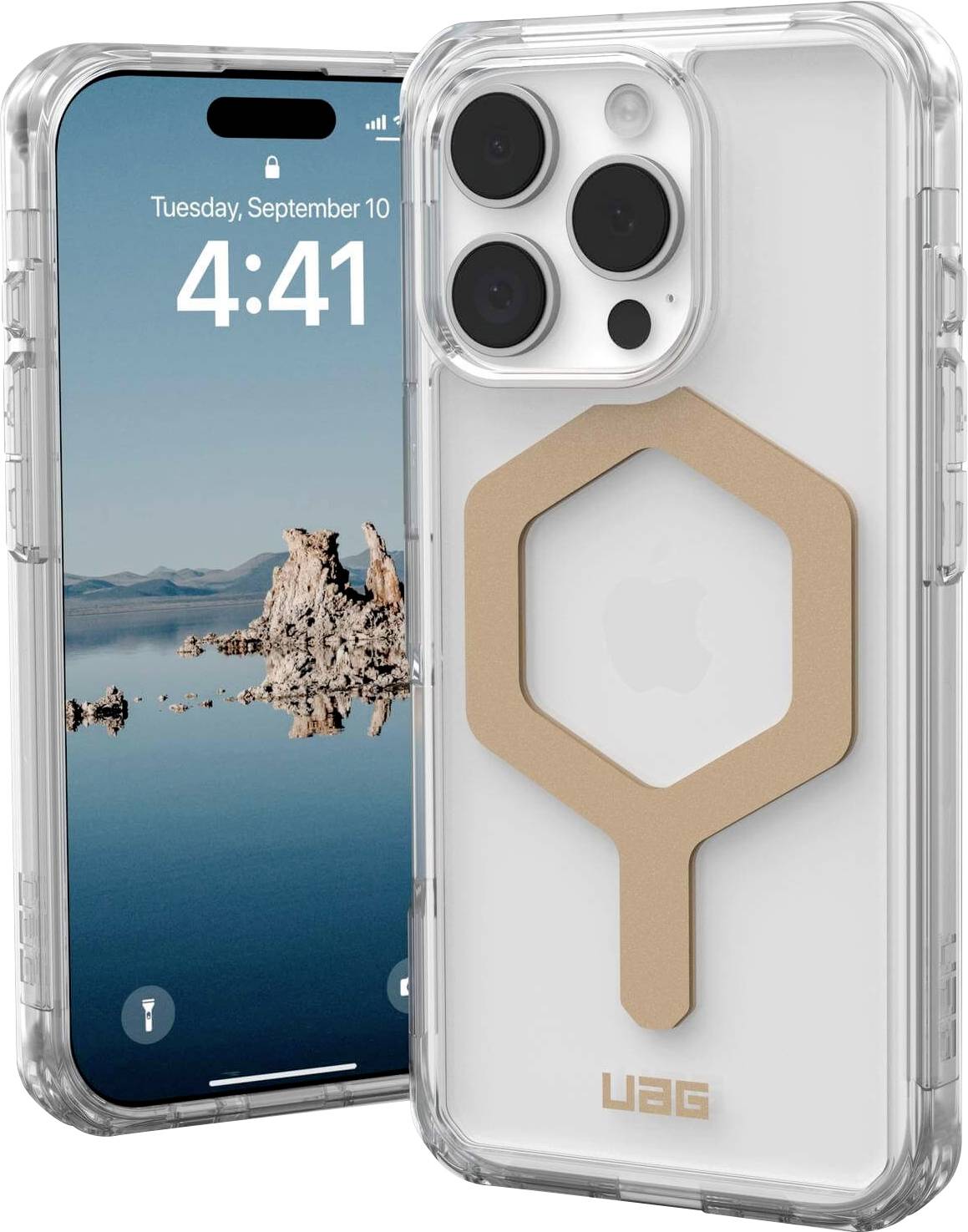 Zwei iPhones mit transparenten Hüllen von UAG. Eines zeigt eine Landschaft bei 4:41 Uhr am 10. September, das andere hat eine hexagonale Halterung.