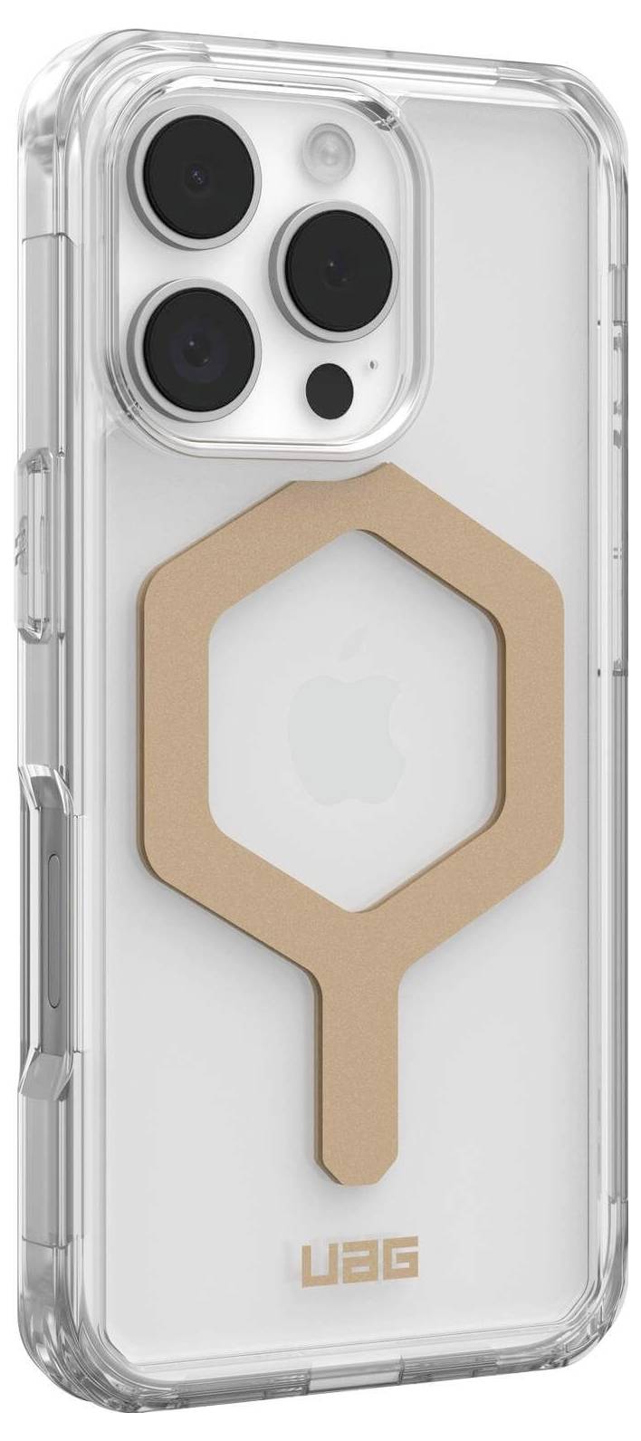 Ein transparentes Handyhülle mit einem goldenen Metallring auf der Rückseite, passend für iPhone. Markenname 'UAG' unten sichtbar.