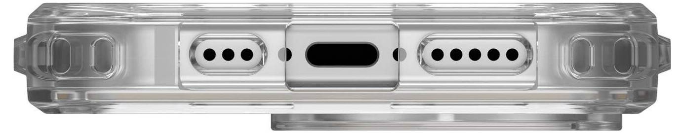 Unteransicht eines Smartphones mit durchsichtigem Gehäuse, das den Ladeanschluss und zwei Lautsprecher an den Seiten zeigt.