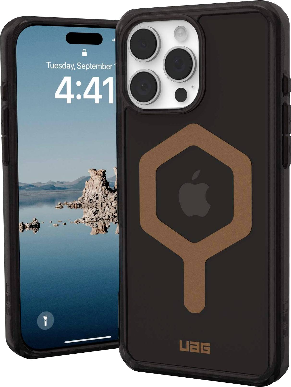 Smartphone mit schwarzem UAG-Schutzgehäuse, Bildschirm zeigt Uhrzeit 4:41 und Datum 'Tuesday, September 12'. Hintergrund: Landschaftsbild mit Felsen und Wasser.