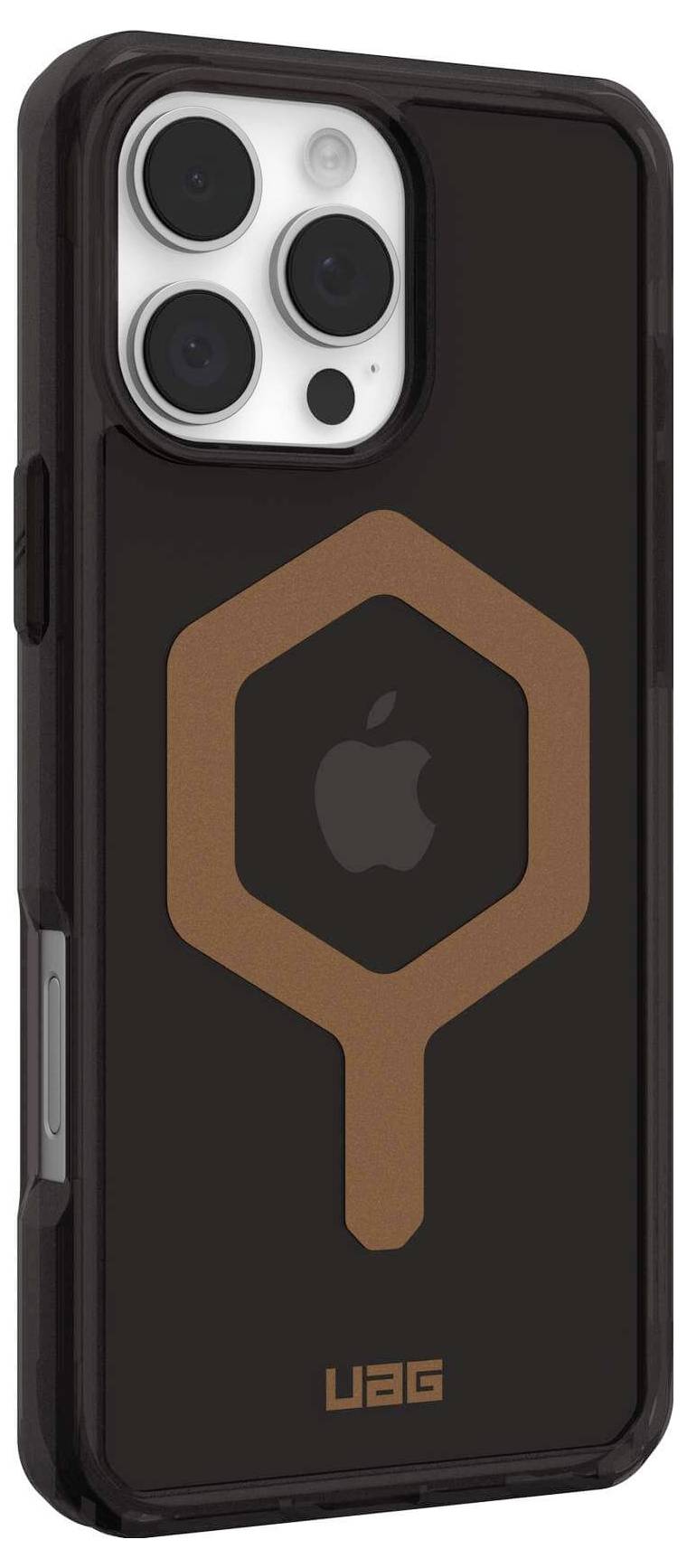 Schwarzes Smartphone mit brauner Schutzhülle. Rückseite zeigt ein hexagonales Design mit dem Apple-Logo in der Mitte.