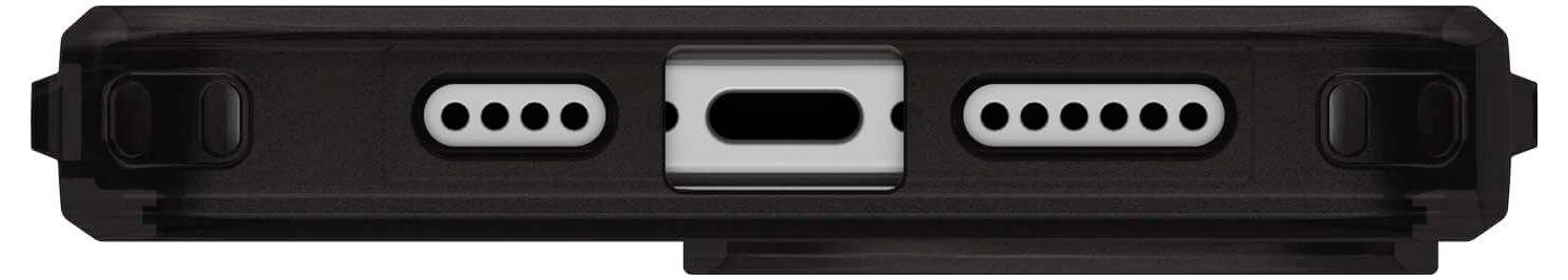 Unterseite eines schwarzen Smartphones mit USB-C-Anschluss in der Mitte, flankiert von zwei Lautsprechergittern.