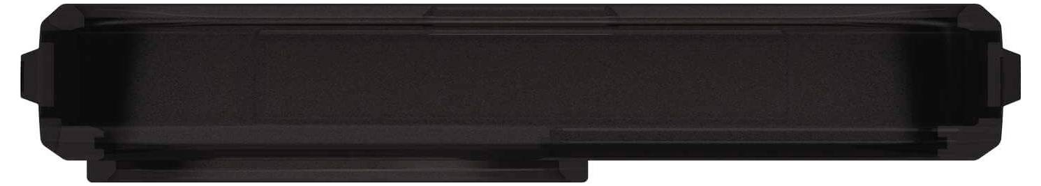Ein schwarzer, rechteckiger Kunststoffbereich, möglicherweise Teil eines Gehäuses oder einer Schachtel, mit glatter Oberfläche.
