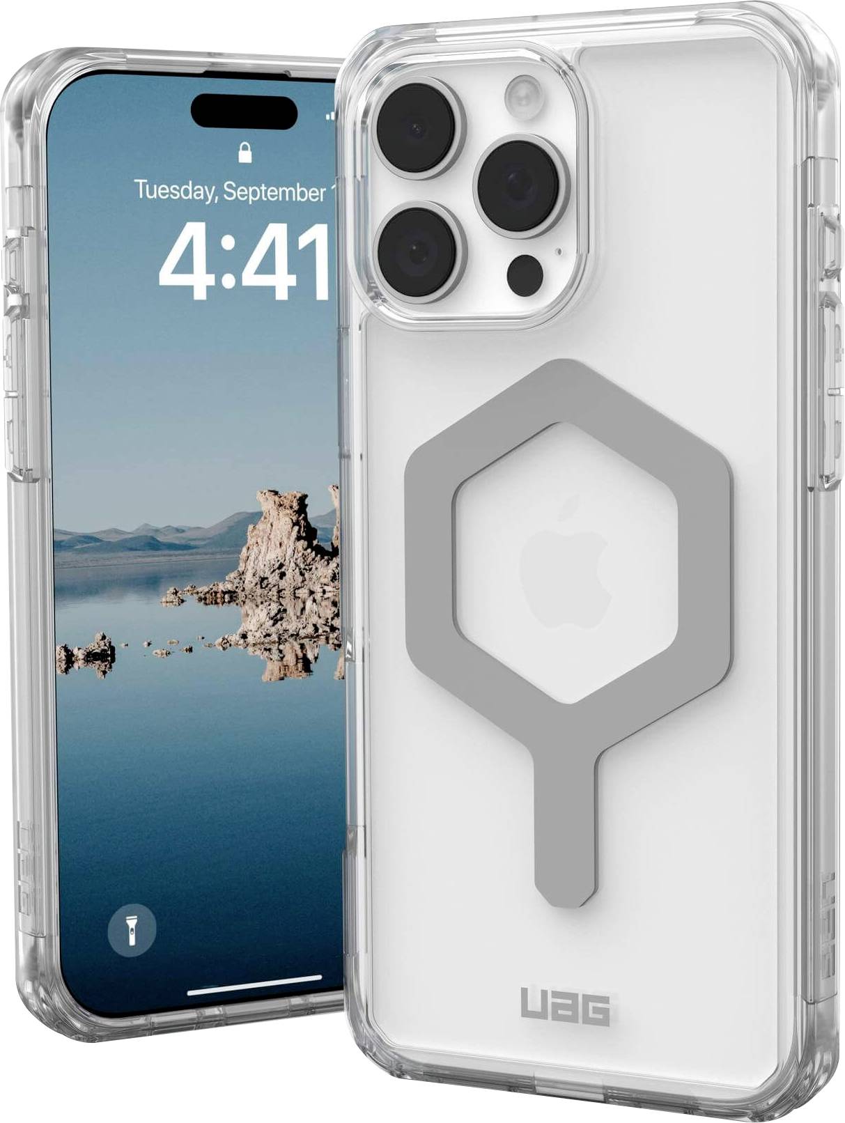 Transparente Handyhülle mit prominentem Graffiti-Design neben einem Smartphone, das ein Seeufer bei Sonnenuntergang zeigt.