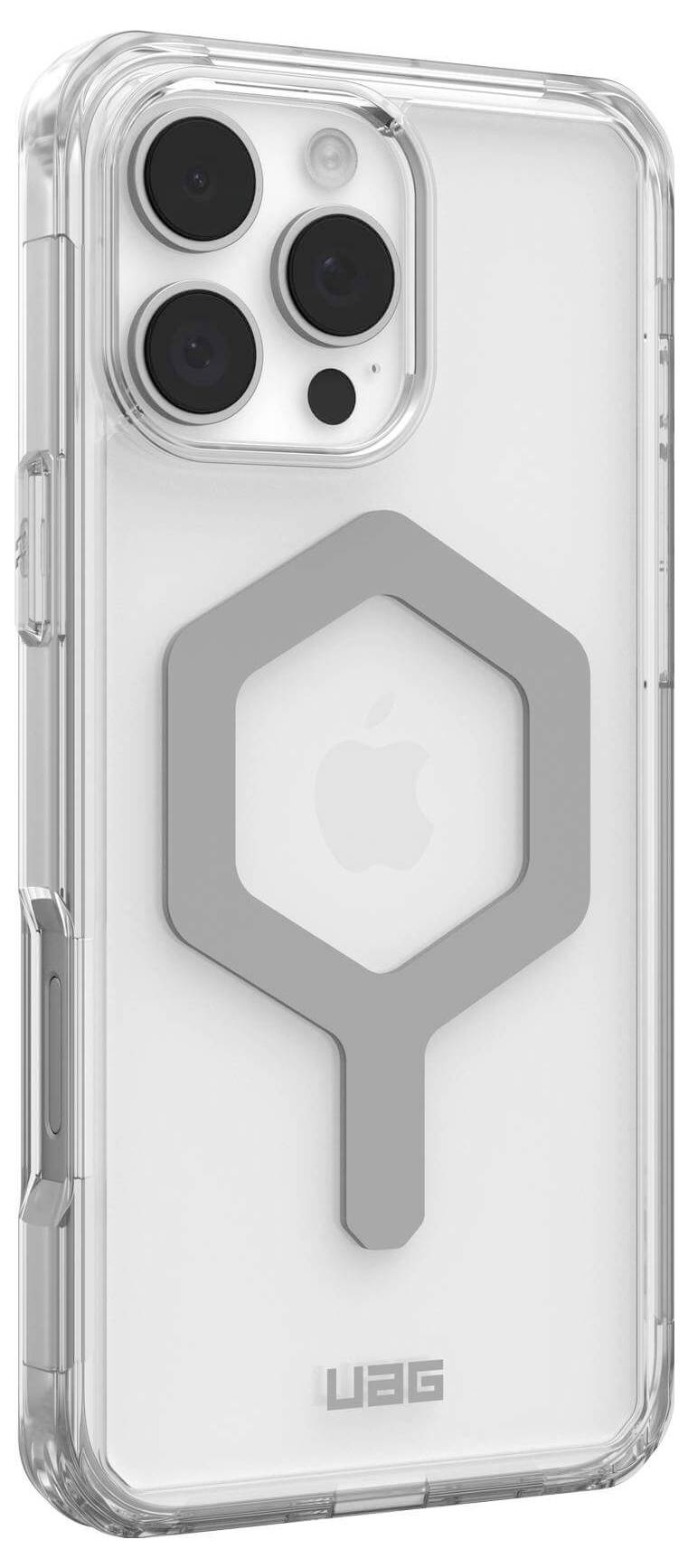 Smartphone in klarer Schutzhülle mit grauem, sechseckigem Griff auf der Rückseite, zeigt Kameralinsen und Apple-Logo.