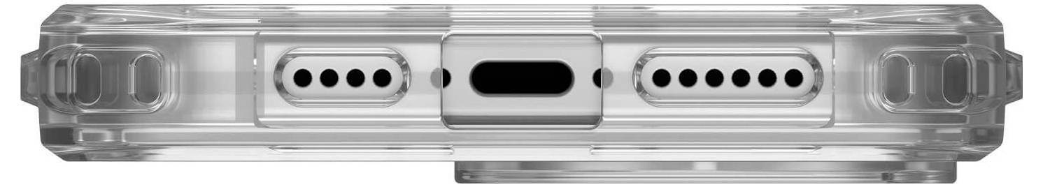 Eine durchsichtige Handyhülle, die die Unterseite eines Smartphones zeigt. Ladeanschluss und Lautsprecher sind sichtbar.