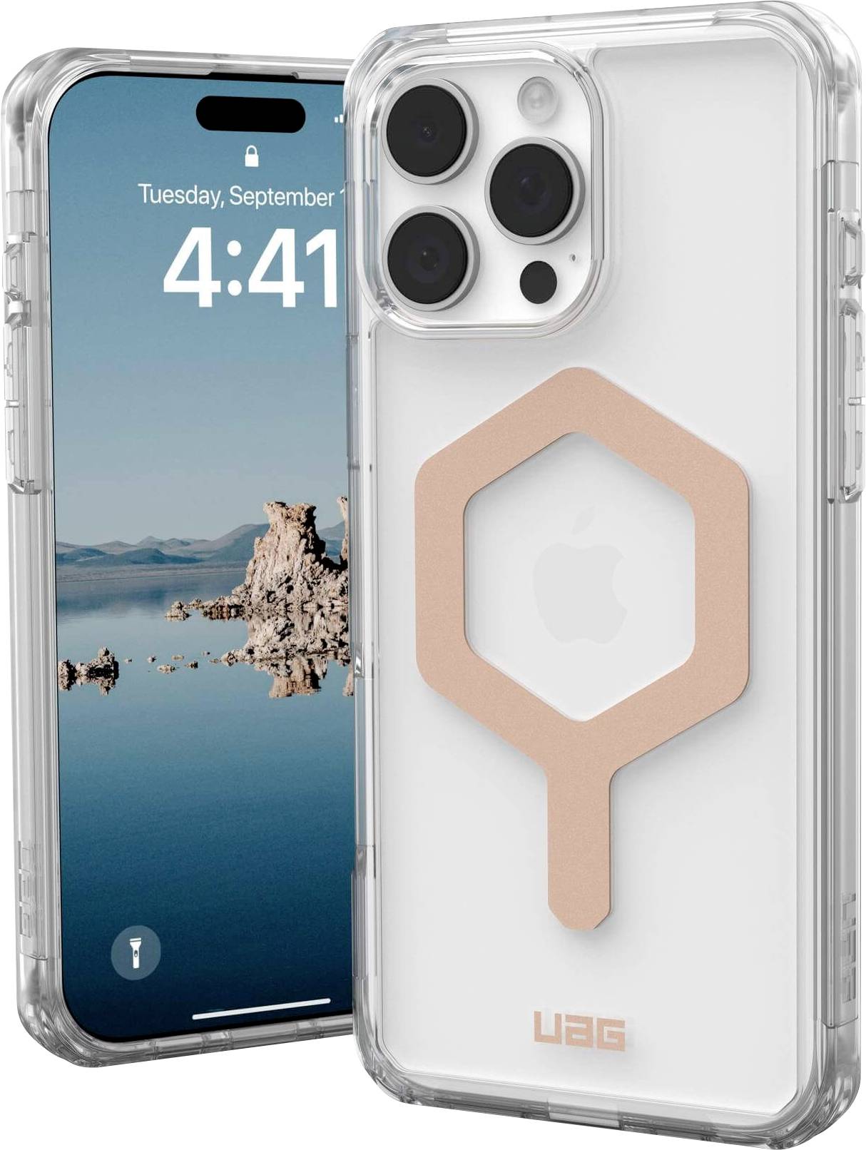 Zwei iPhones mit transparenten Hüllen. Eines zeigt den Sperrbildschirm mit einer Seeansicht und der Uhrzeit 4:41.