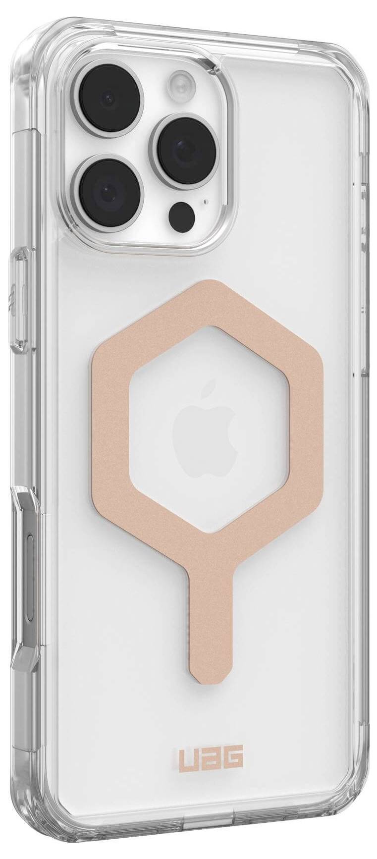 Klares Handyhülle mit einem roségoldenen magnetischen Ring in der Mitte, sichtbar ist das Apple-Logo auf der Rückseite des Telefons.