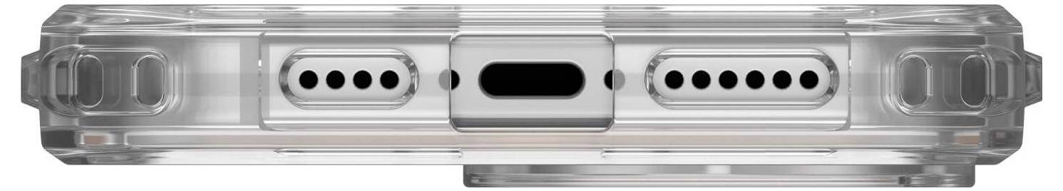 Unterseite eines Smartphones mit transparenter Schutzhülle. Sichtbar sind der Ladeanschluss in der Mitte und Lautsprecheröffnungen auf beiden Seiten.