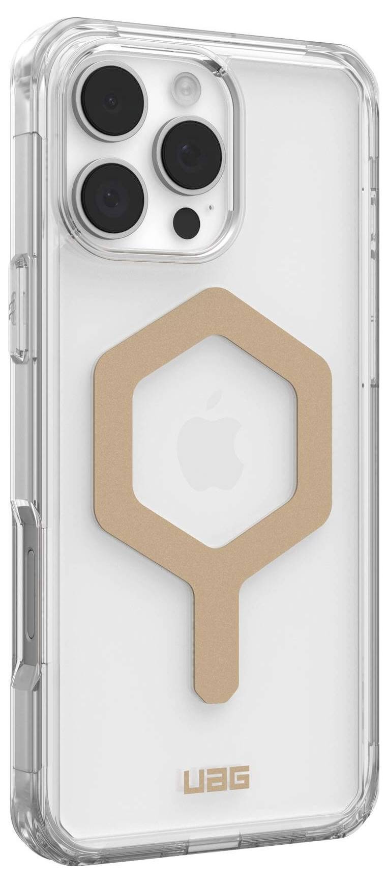 Ein durchsichtiges Handyhülle mit quadratischem, kupferfarbenem Design umkreist das Apple-Logo auf einem weißen Smartphone.