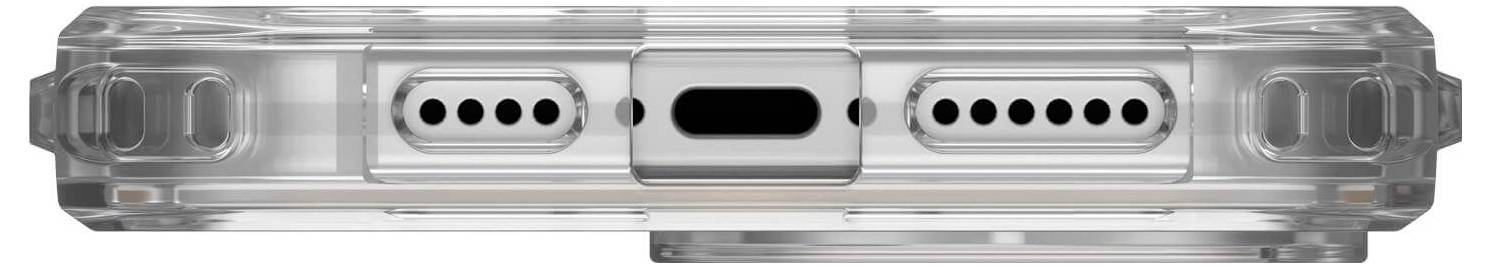 Ansicht der Unterseite eines Smartphones mit Klarsichthülle, zeigt Lautsprecherlöcher und Ladeanschluss in der Mitte.