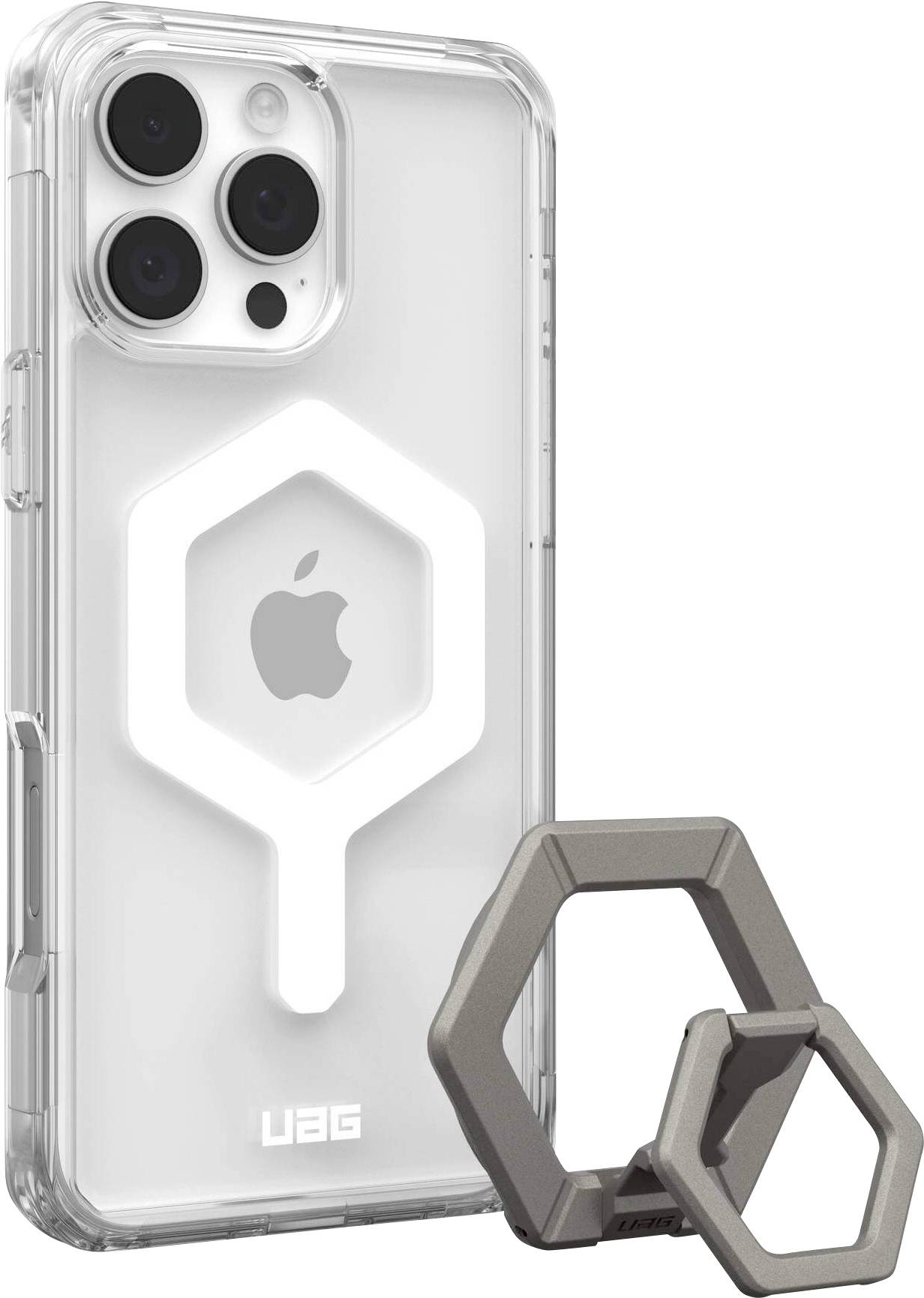 Durchsichtige Handyhülle mit weißem, sechseckigem Ständer, der eine integrierte Magnethalterung zeigt. Passend für Apple-Gerät.