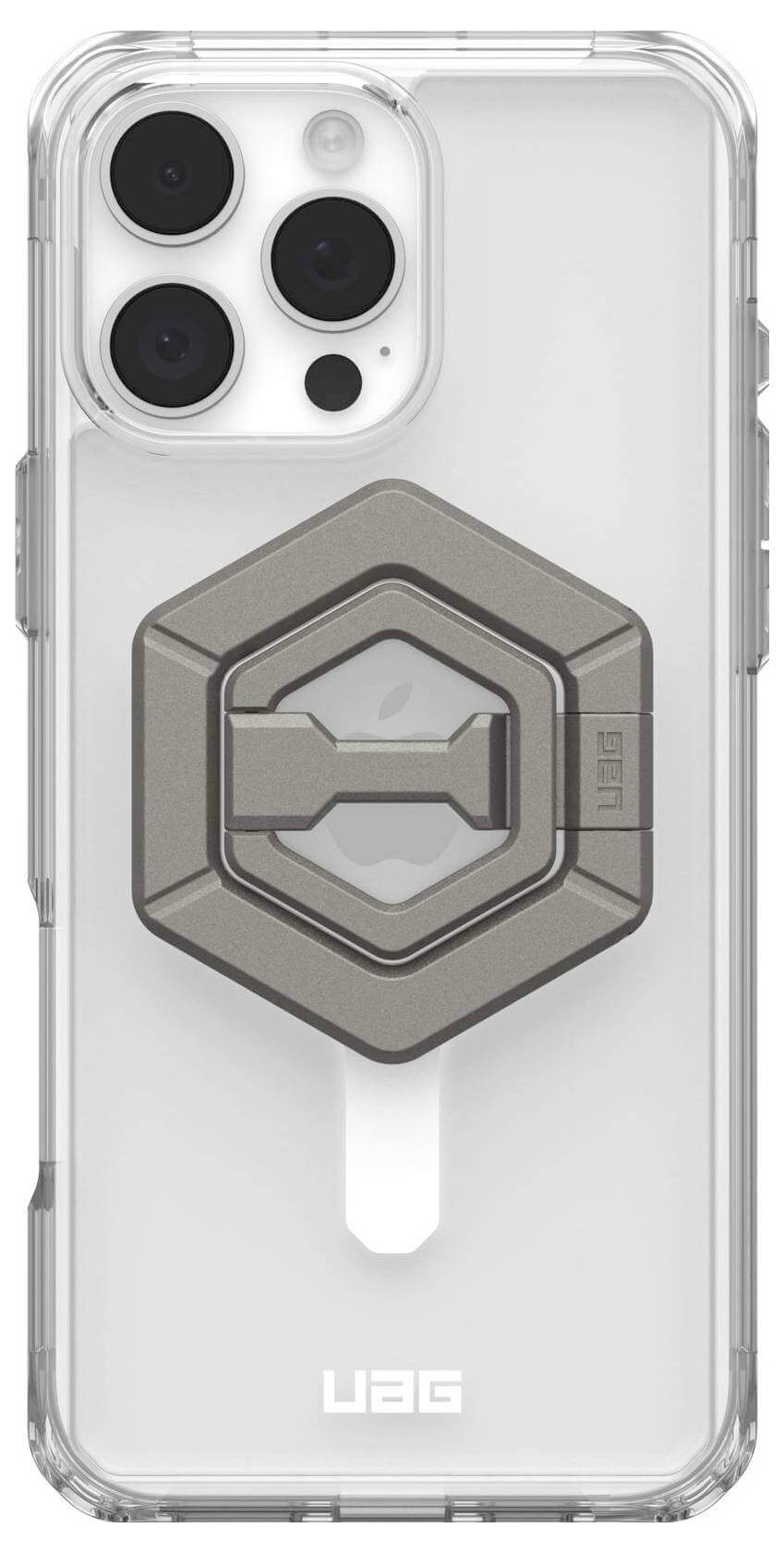 Rückseite eines Smartphones mit transparenter Schutzhülle und integriertem Ständer in sechseckiger Form.