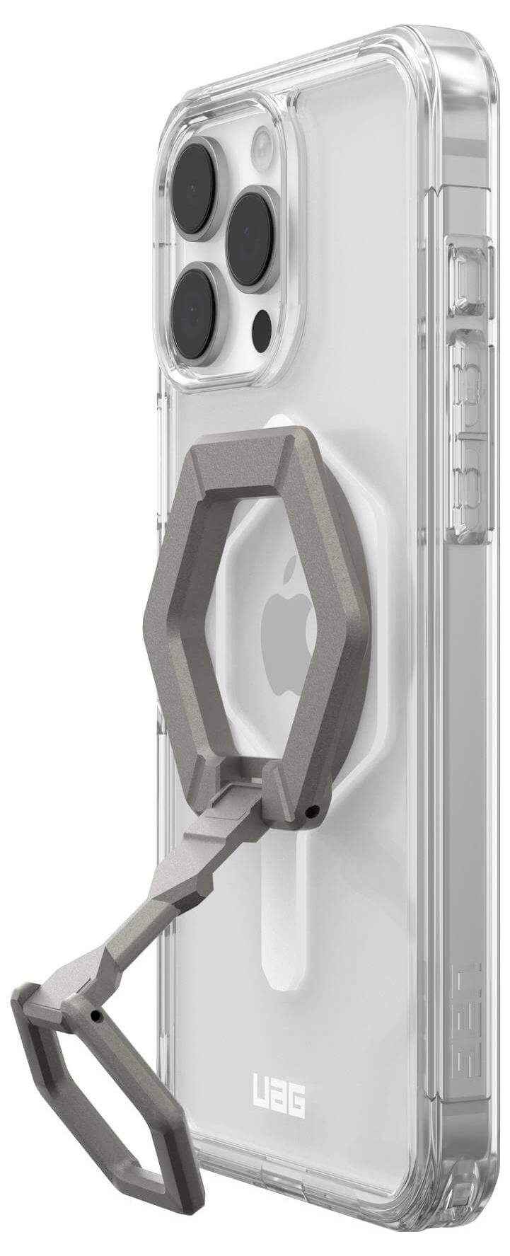 Transparente Handyhülle mit grauem, sechseckigem Halterungsständer auf der Rückseite; zeigt stilvolles, modernes Design.