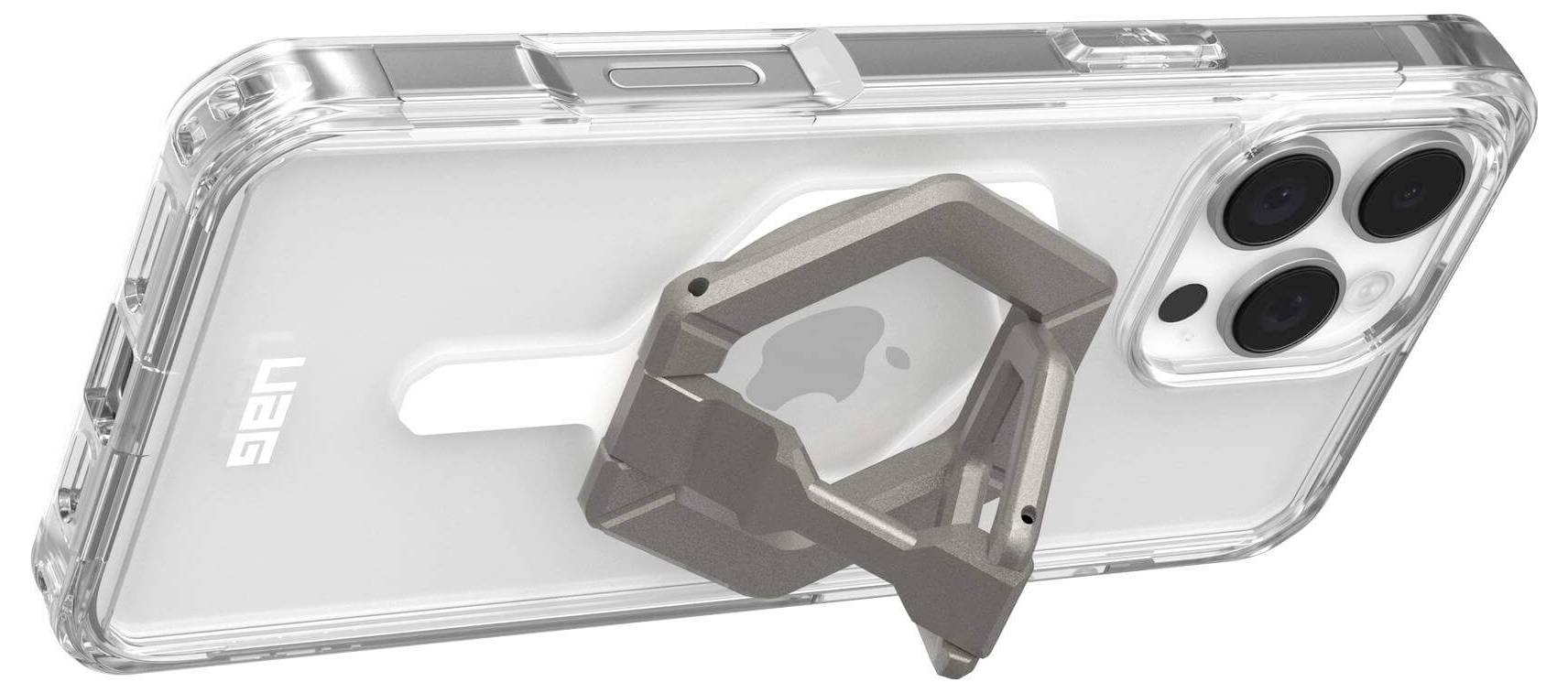 Ein transparentes Smartphone-Gehäuse mit Metallständer, das das Telefon horizontal stützt.