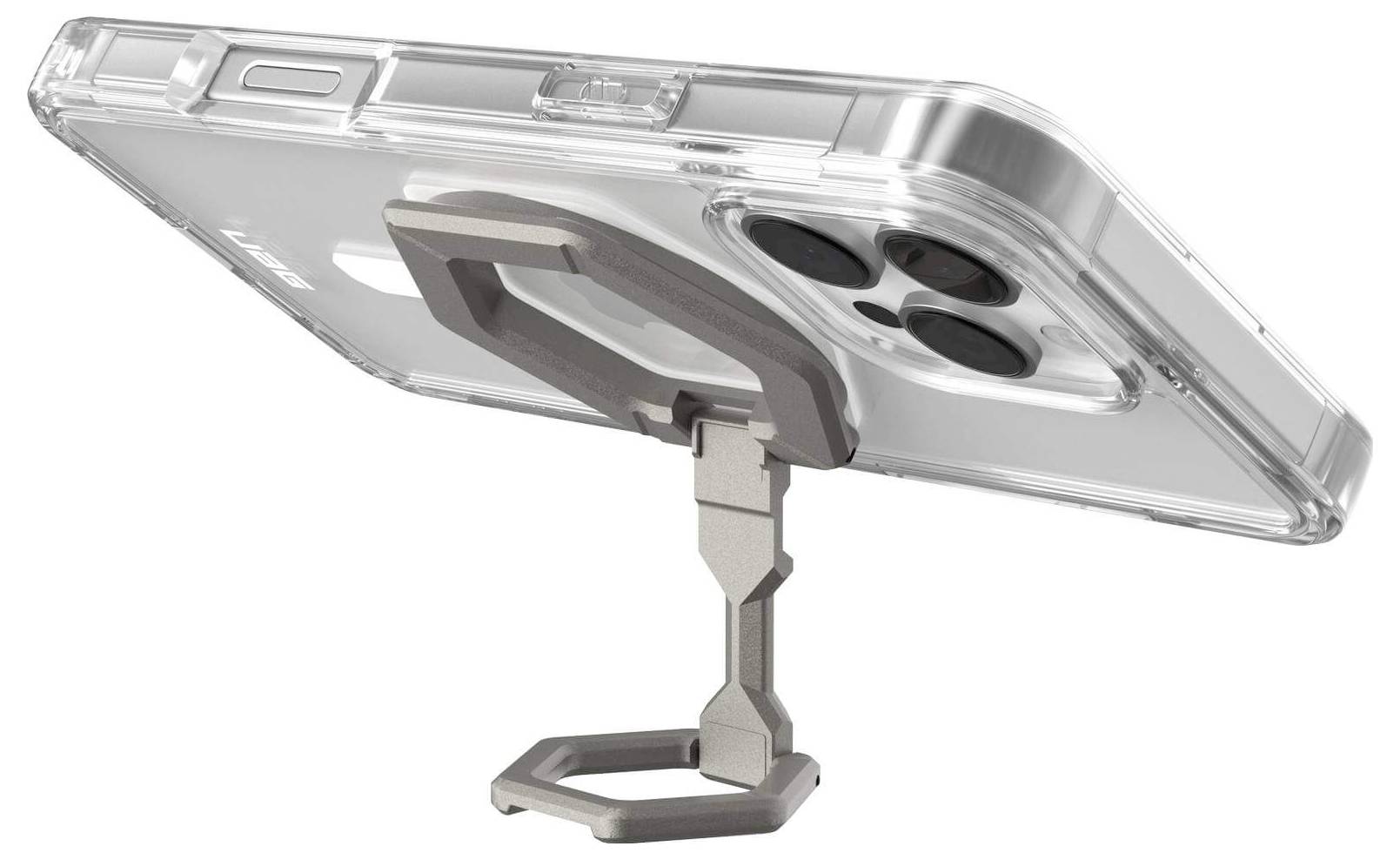 Ein Smartphone mit transparenter Hülle steht aufrecht, gestützt von einem klappbaren, metallischen Ständer.