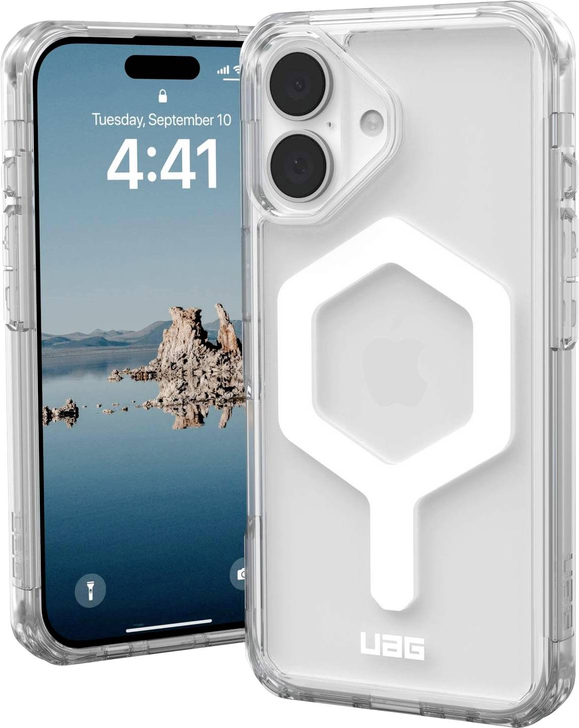 Ein Smartphone in einer transparenten Hülle mit einem hexagonalen Muster auf der Rückseite. Der Bildschirm zeigt die Uhrzeit 4:41.