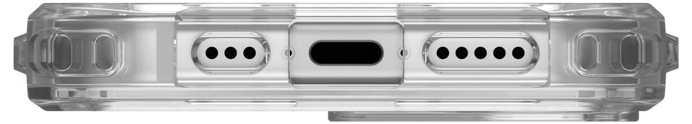 Eine Nahaufnahme der Unterseite eines transparenten Smartphone-Gehäuses mit Aussparungen für Lautsprecher und Anschluss.