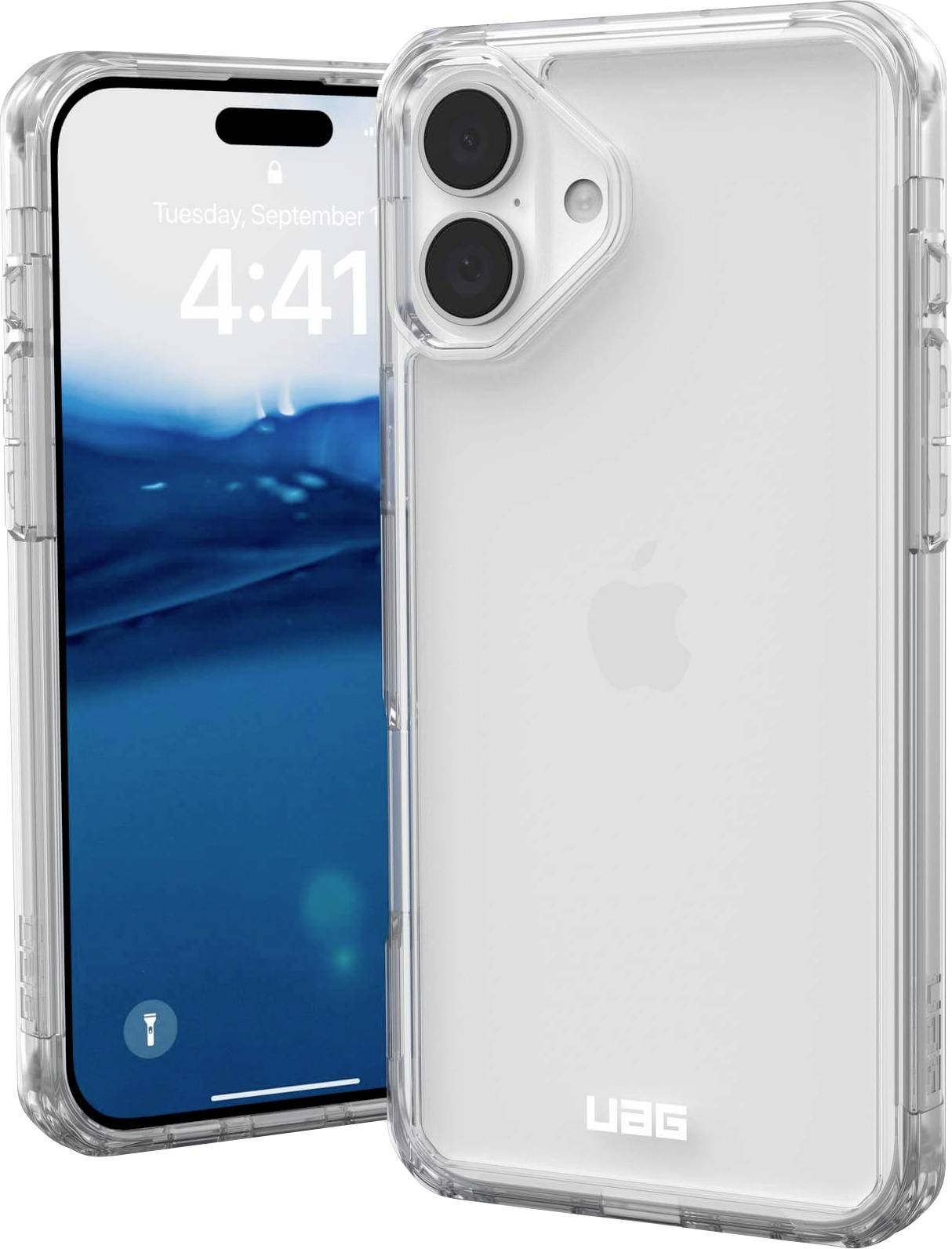 Klarer Smartphone-Schutz von UAG für iPhone. Zeigt Vorder- und Rückseite. Dienstag, 12. September, 4:41 Uhr auf dem Display.