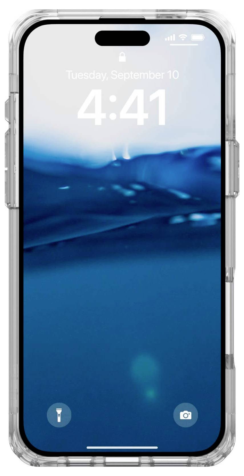 Smartphone mit durchsichtigem Gehäuse zeigt blauen Wellen-Hintergrund auf dem Bildschirm und die Uhrzeit 4:41 Uhr mit Datum Dienstag, 10. September.