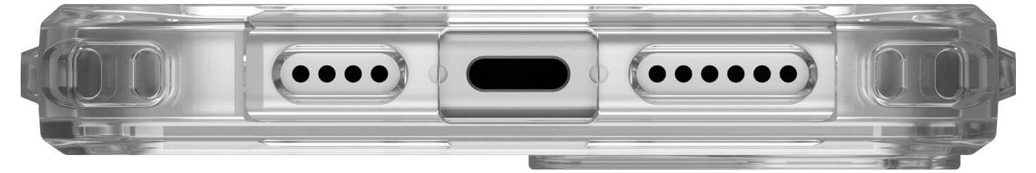 Durchsichtige Handyhülle mit Aussparungen für Lautsprecher, Ladeanschluss und Tastenaufnahme von unten betrachtet.