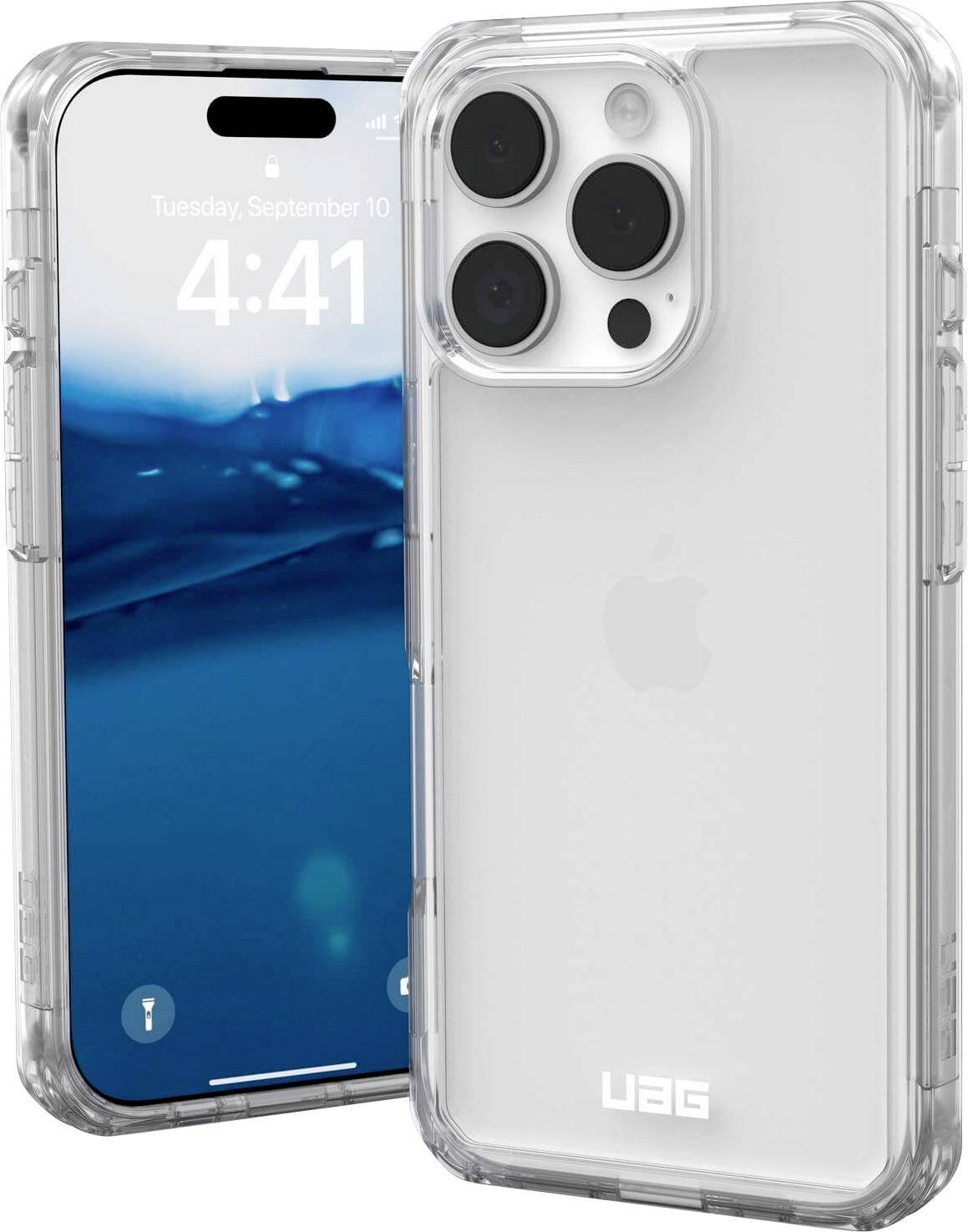 Ein Smartphone in einer transparenten Schutzhülle. Das Display zeigt die Uhrzeit 4:41 und ein Hintergrundbild mit Wasser.