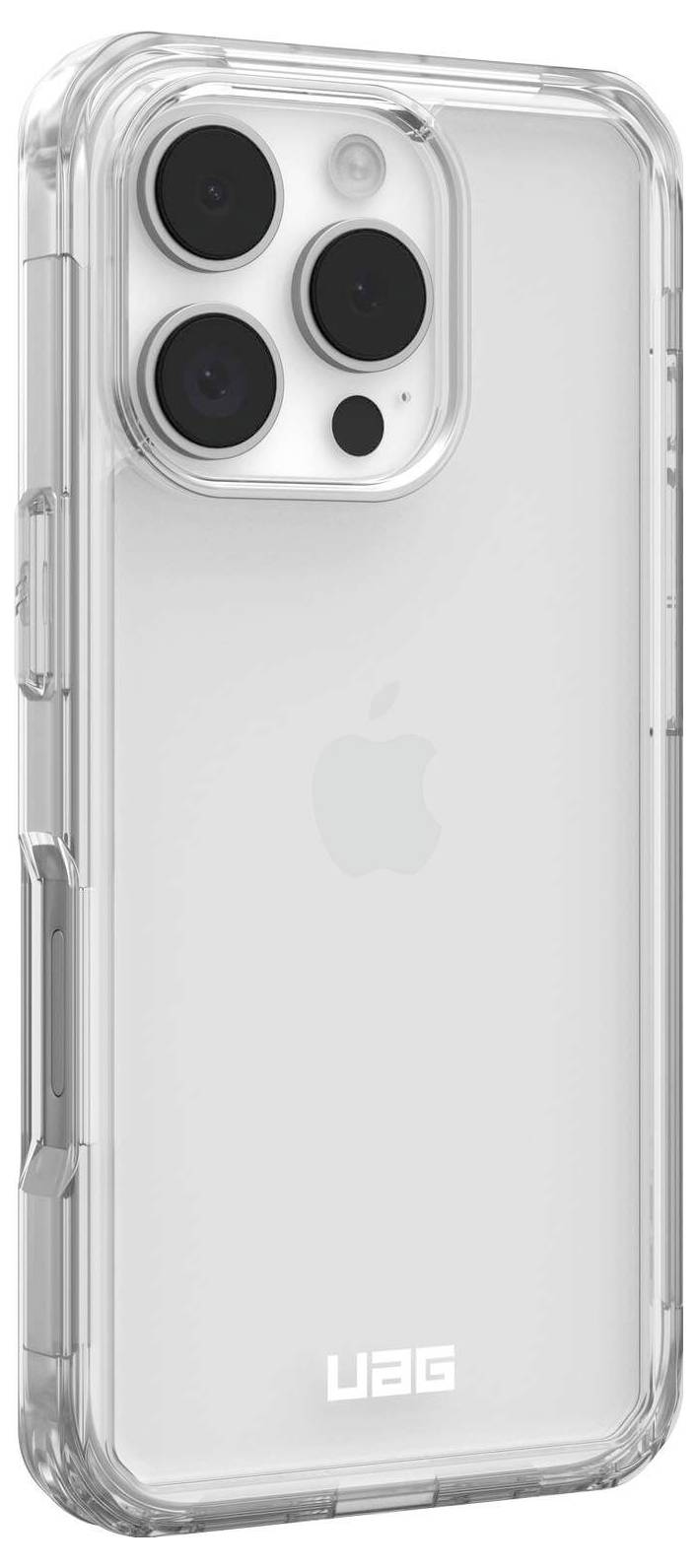 Transparente Schutzhülle eines Smartphones, zeigt die Rückseite mit Kameraobjektiven und Logo, schützt vor Stößen und Kratzern.