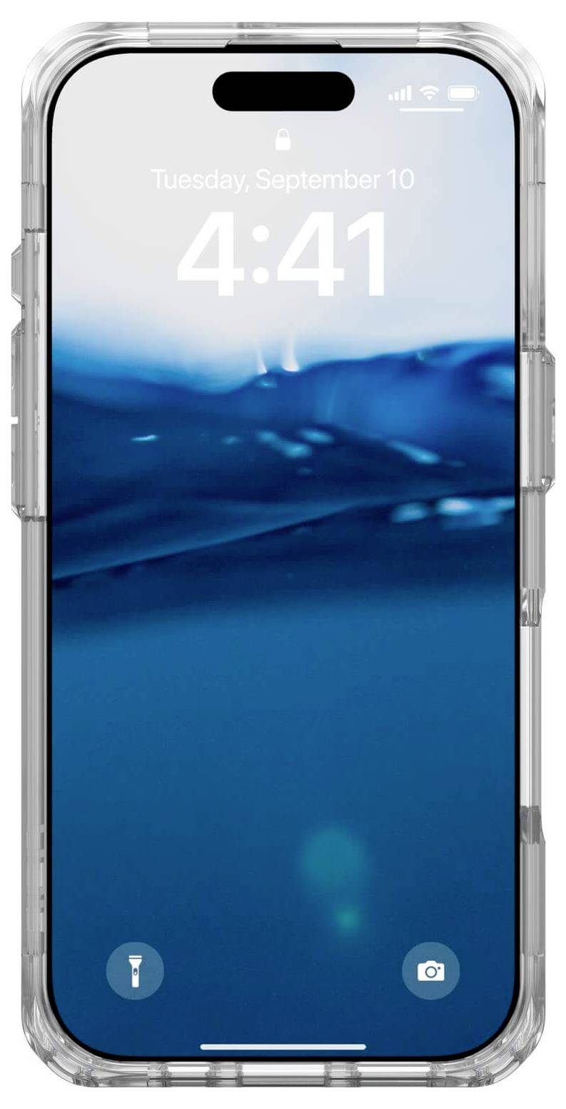 Smartphone mit durchsichtigem Hülle, Display zeigt 'Dienstag, 10. September, 4:41' und blaue Unterwasserbild als Hintergrund.