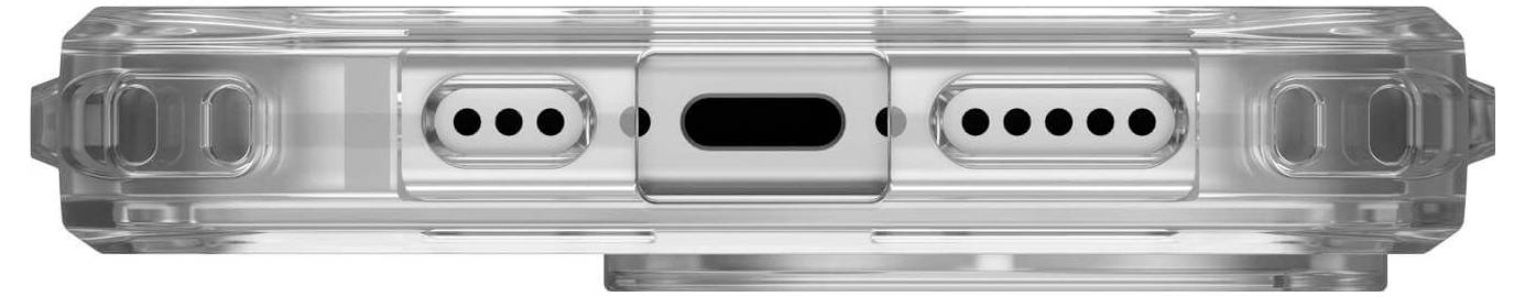 Klare Handyhülle mit präzisen Ausschnitten für Lautsprecher und Ladeanschluss, zeigt Unterseite eines Smartphones.