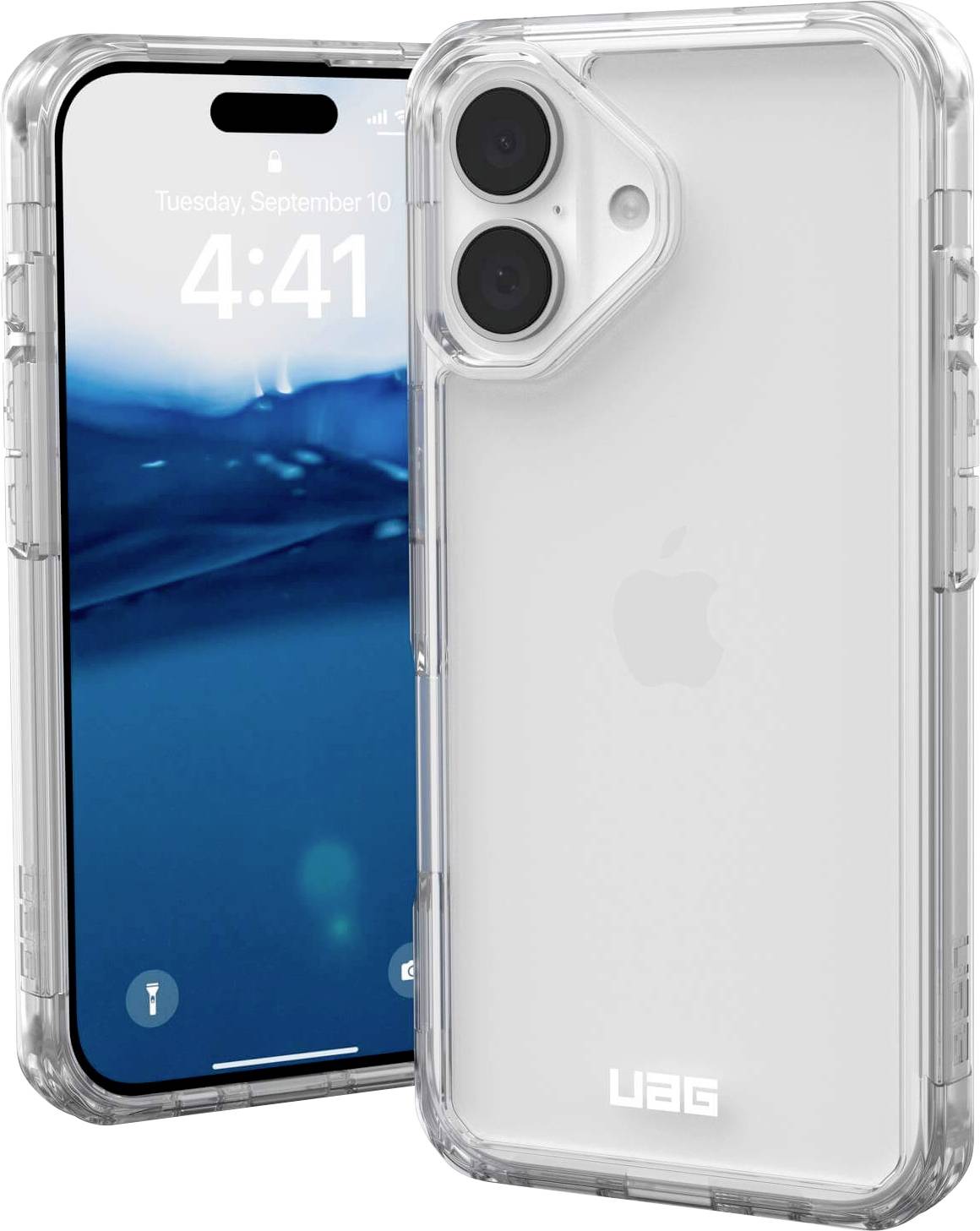 Klares Smartphone-Schutzhülle mit doppelter Kameraaussparung und Bildschirm mit Uhrzeit '4:41' und Datum 'Dienstag, 10. September'.