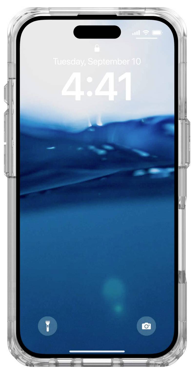 Smartphone mit klarem Gehäuse. Display zeigt: 'Dienstag, 10. September, 4:41'. Hintergrundbild: Blaues Wasser.