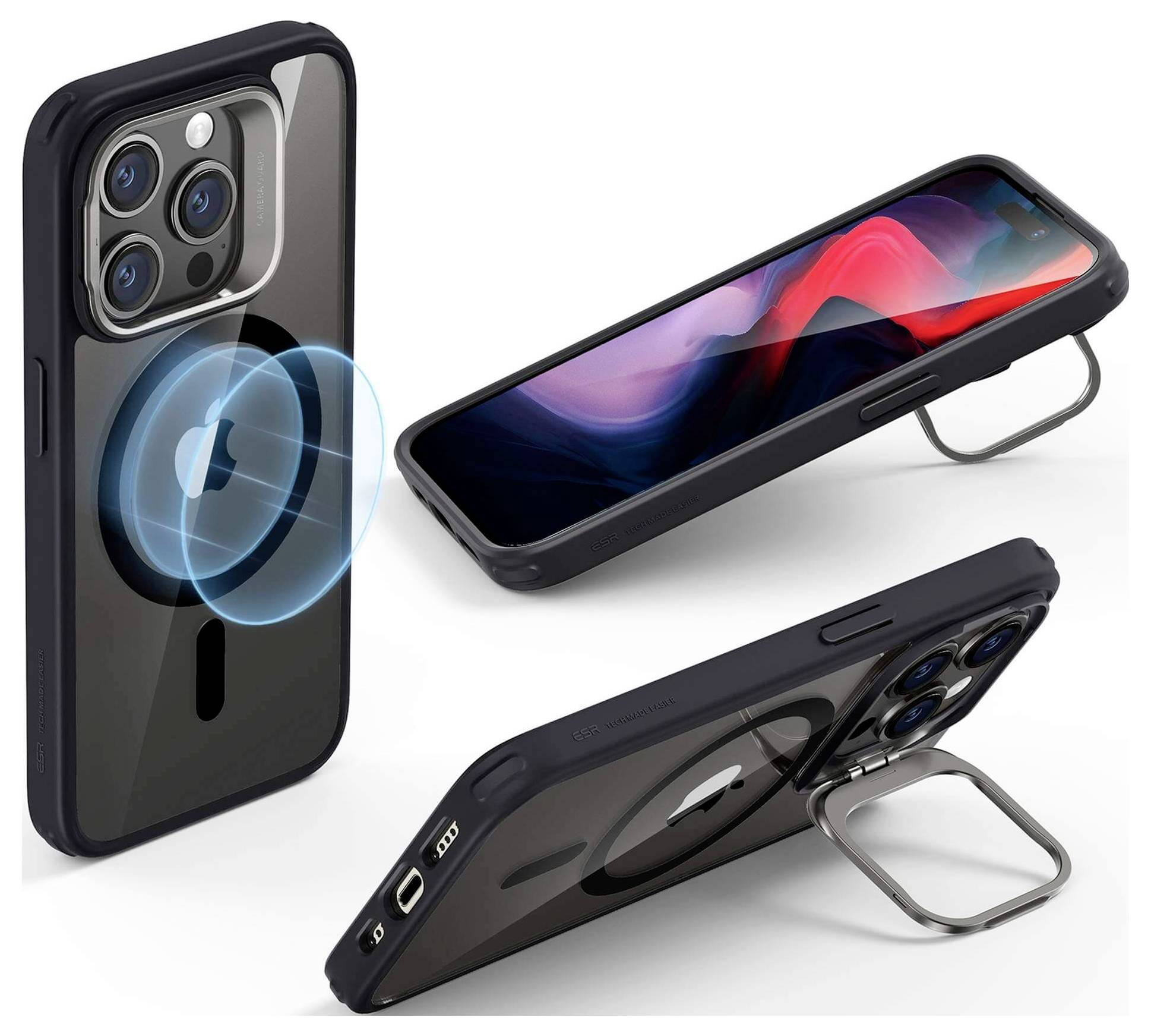ESR Classic Hybrid HaloLock Case + Stash Stand Backcover Apple iPhone 15 Pro Transparent, Schwarz MagSafe kompatibel 1A6740202