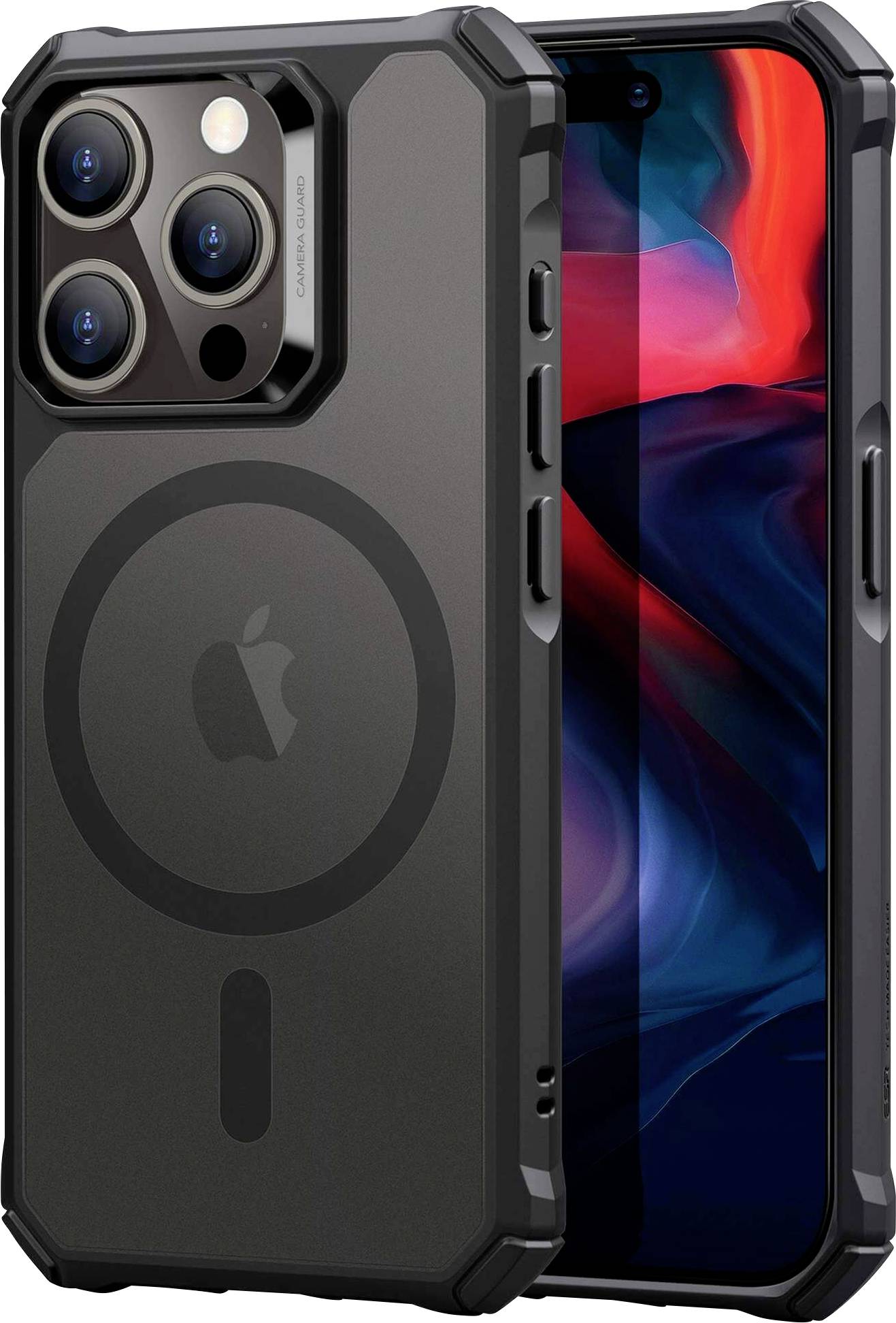 Robustes schwarzes Handy in Hülle mit sichtbaren Kameraobjektiven und farbenfrohem Bildschirm, hauptsächlich in Blau- und Rottönen.