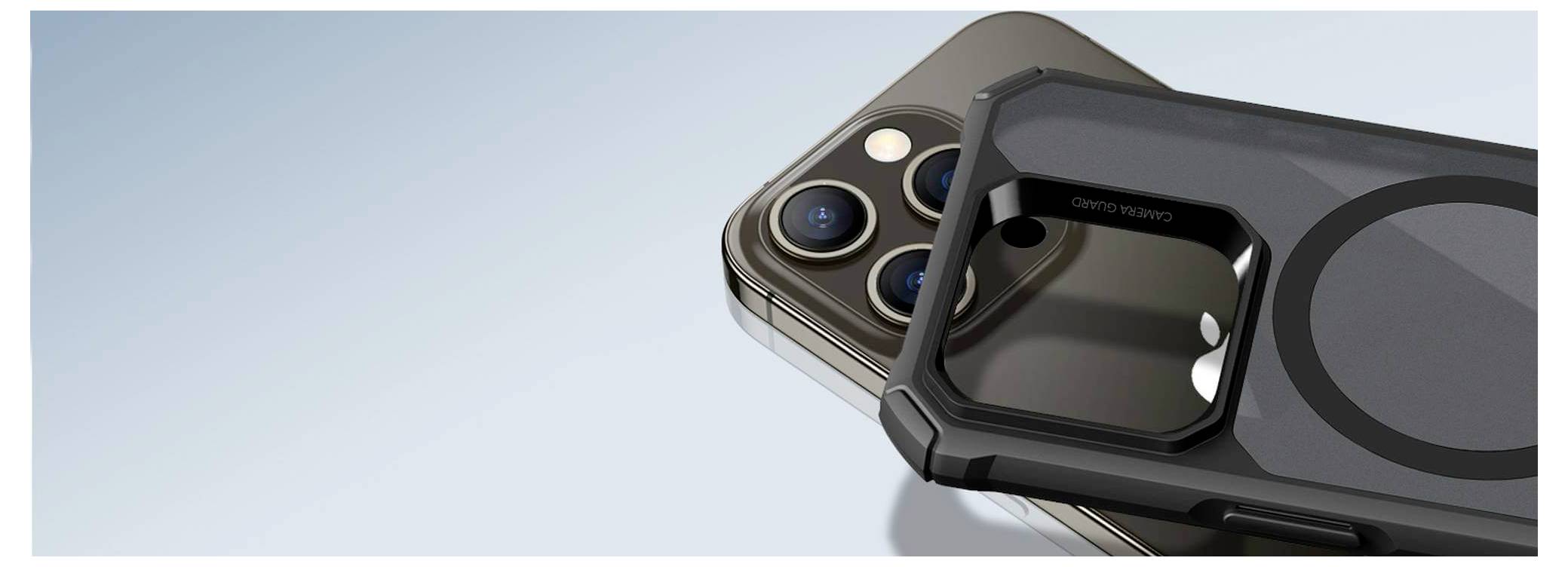 Smartphone mit Kameraobjektiven und passgenauem Schutzcase auf glattem Hintergrund.