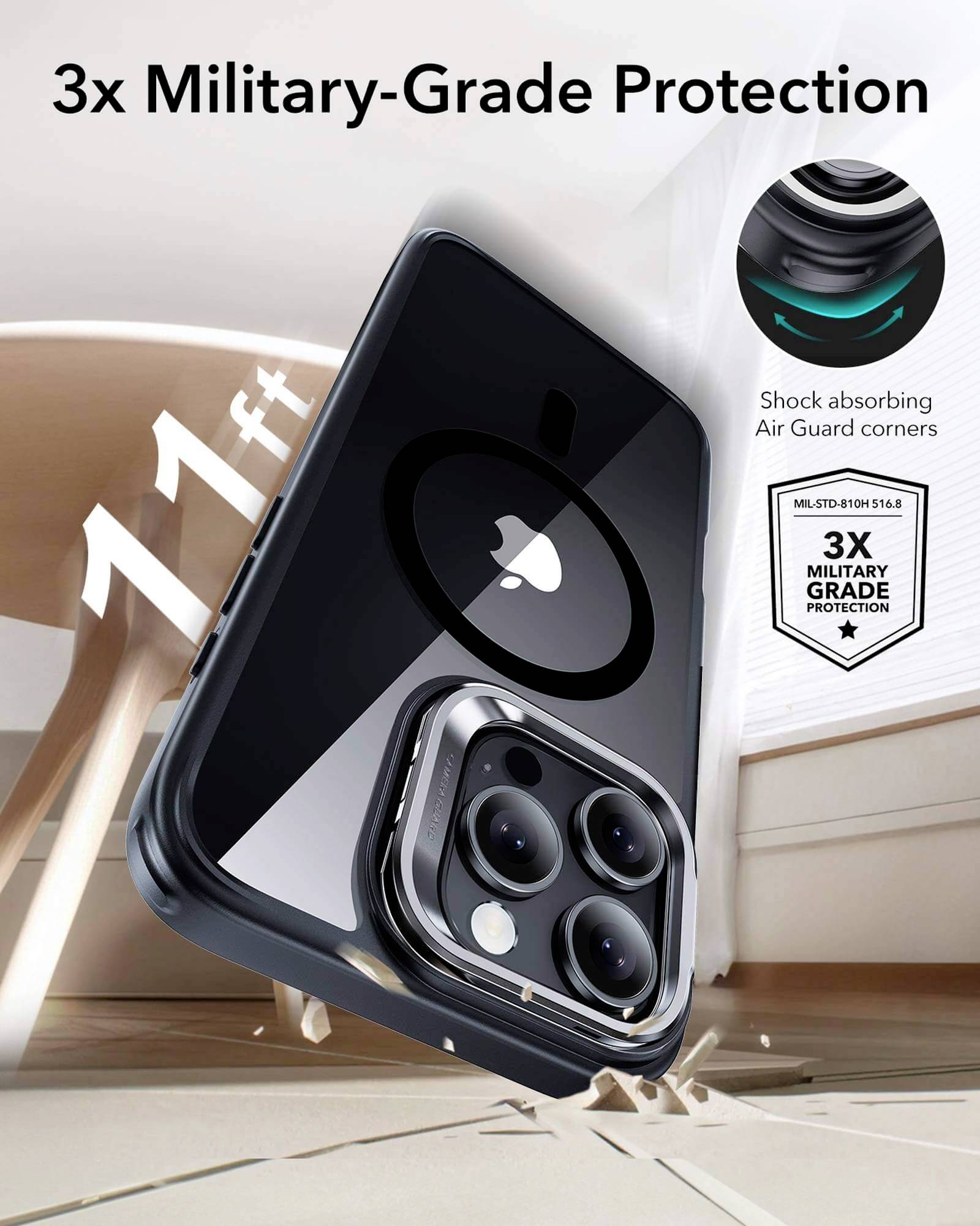 ESR Classic Hybrid HaloLock Case + Stash Stand Backcover Apple iPhone 16 Pro Transparent, Schwarz MagSafe kompatibel 1A7490202